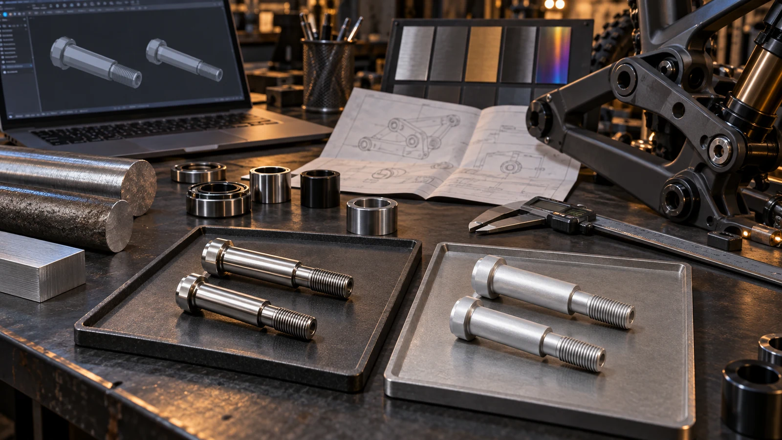 Concept material-comparison bench with shoulder bolts, bar stock, bearing and spacer interfaces and qualitative CAD outlines; no validated substitution or actual price shown.