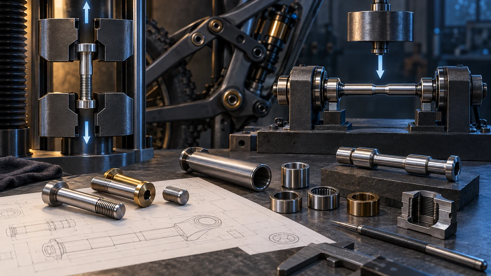 Concept comparison of axial and rotating-bending fatigue fixtures with shoulder bolts, bearing rings and a stepped pivot axle, without measured results