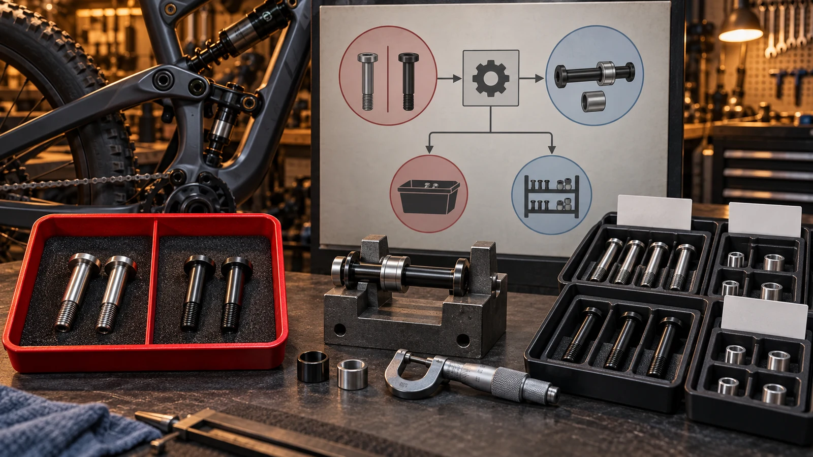 Concept red divided pivot-bolt tray, axle fixture, micrometer and separated hardware trays beneath an abstract cause-and-action board; not an actual CAPA outcome or approved change.