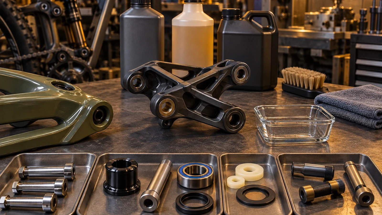 Concept cleaner compatibility review with closed unbranded containers, separated metal pivot parts, painted frame section, polymer and seal samples; no chemical applied or tested compatibility shown.