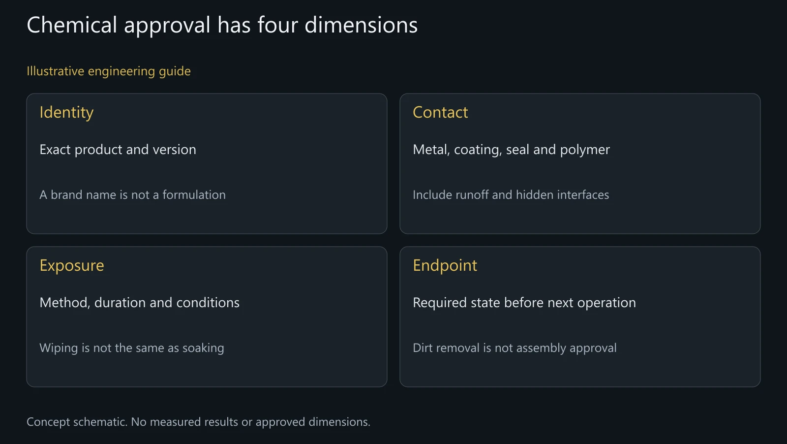 Concept cleaner-approval map, not a compatibility certificate, chemical application procedure or actual material test.