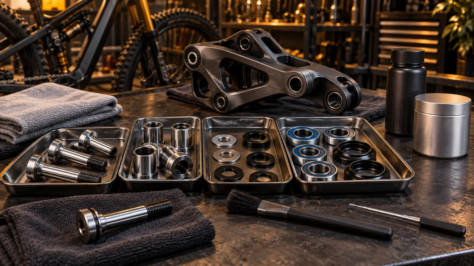 Concept pivot shafts, threaded receivers, shields and sealed bearings with clean cloths and inactive unbranded maintenance props; no actual service or approved lubricant depicted.