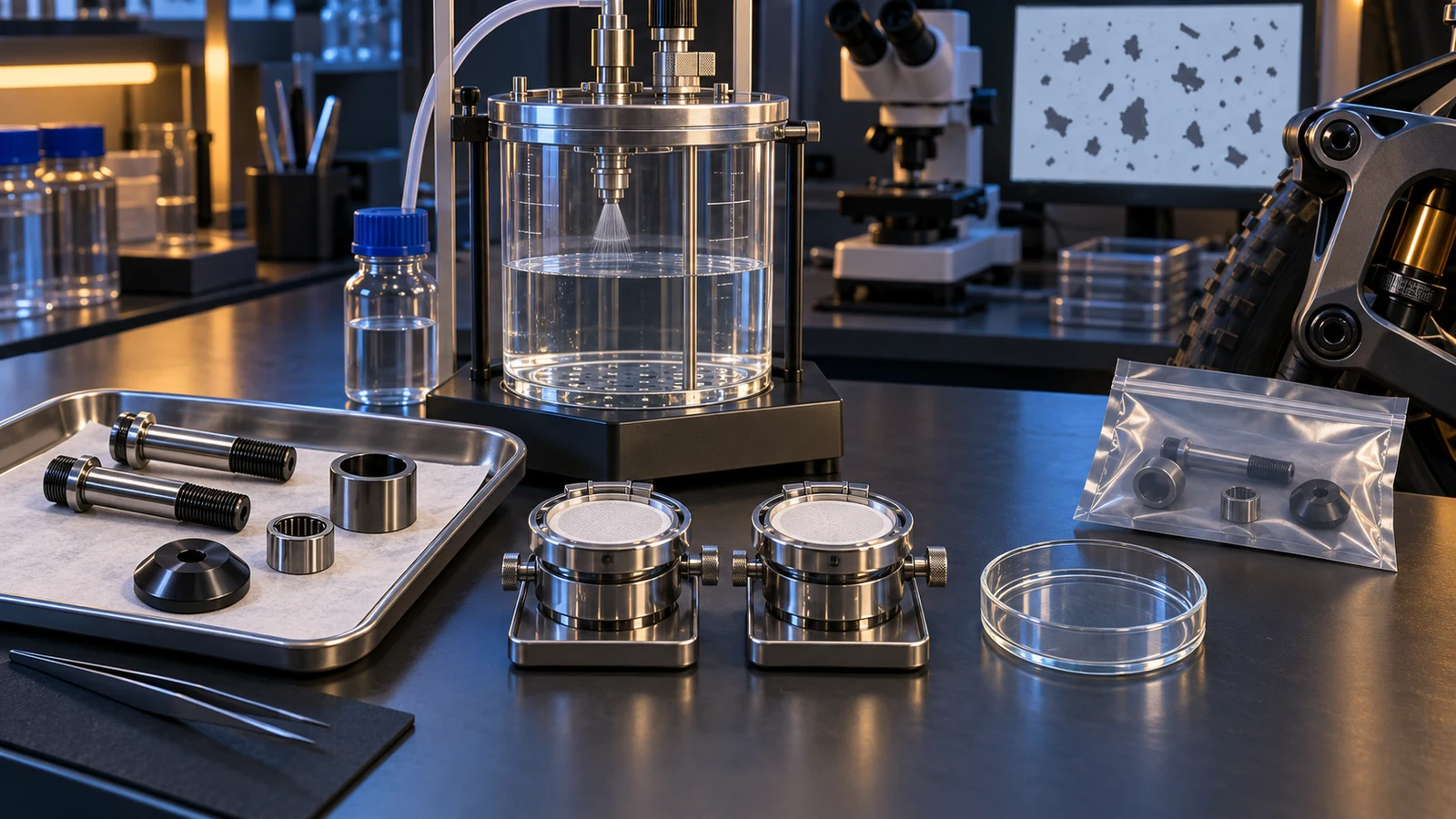 Concept illustration of pivot components, contained extraction equipment, membrane filters and particle analysis, not an actual factory cleanliness test