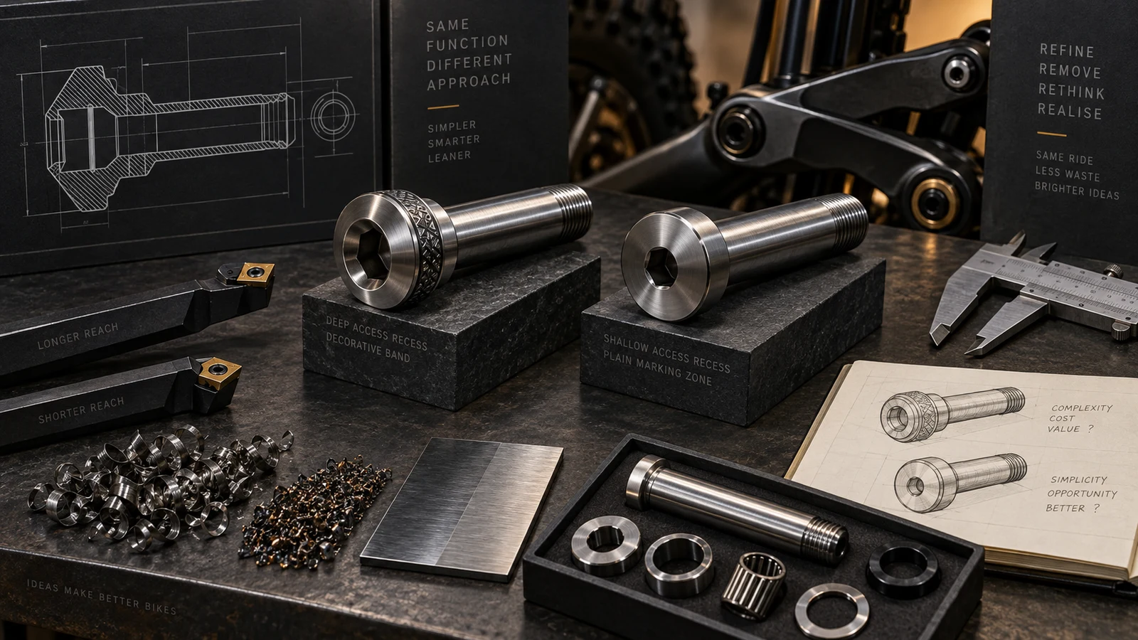 Concept alternative pivot axles beside section drawings, cutting tools, measuring equipment and a suspension link; not approved lower-cost designs.