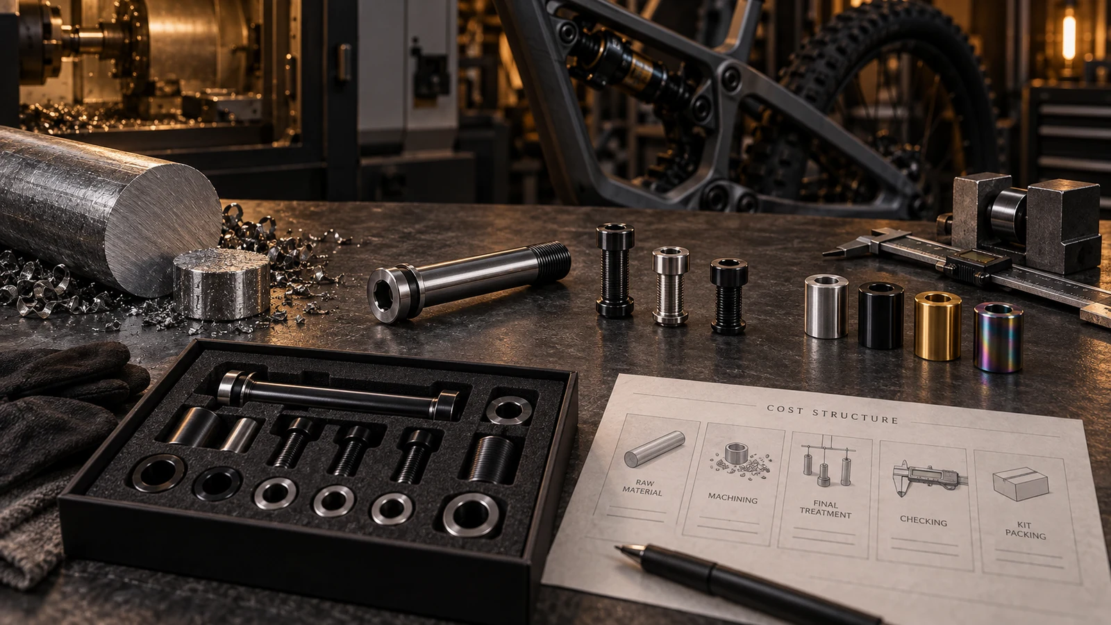 Concept raw stock, machined pivot hardware, finish samples, measurement tools and packaged kit representing different cost drivers; no actual prices shown.