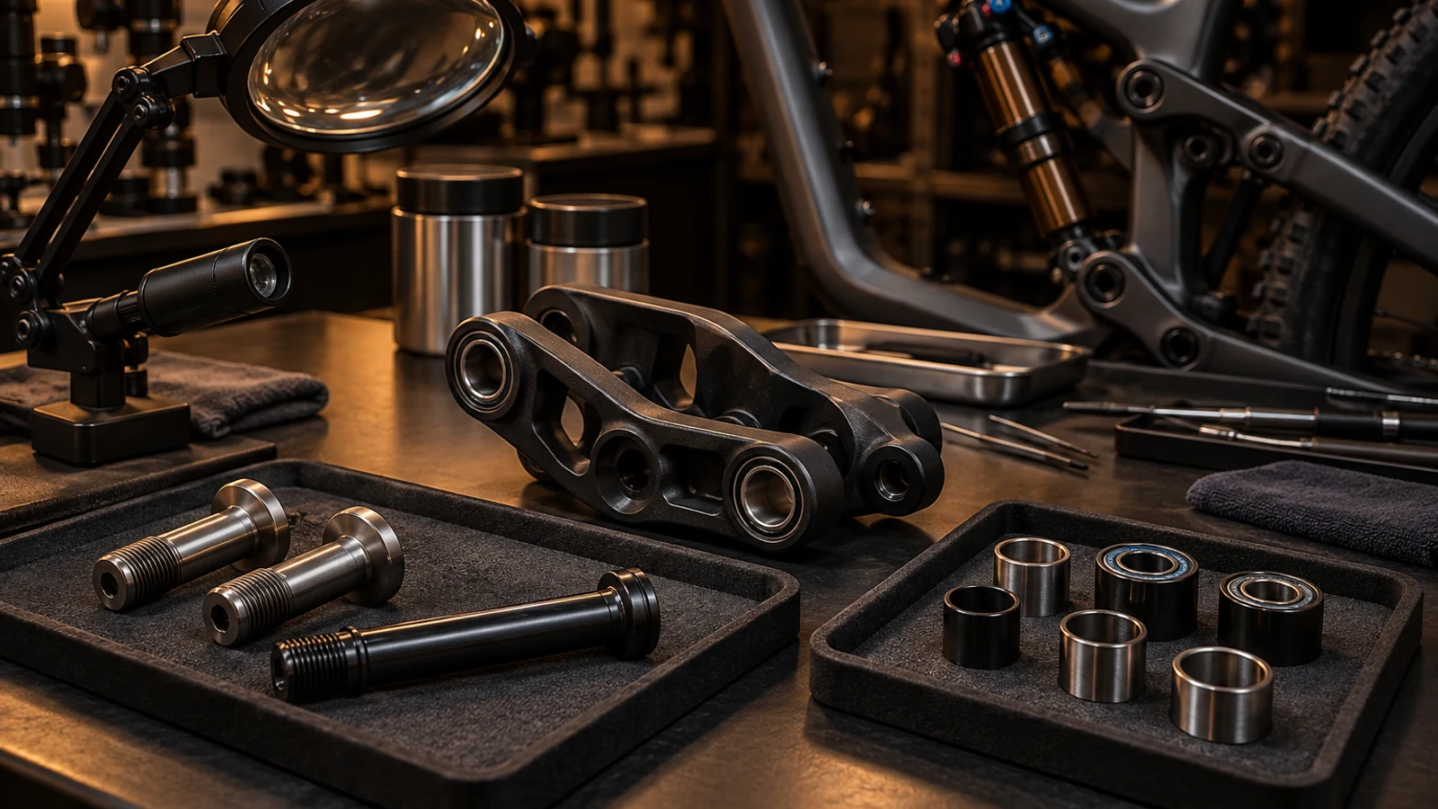 Concept suspected-crack examination planning with loose pivot bolts, linkage, inactive magnifier and closed inspection containers; no crack, penetrant indication or completed test shown.