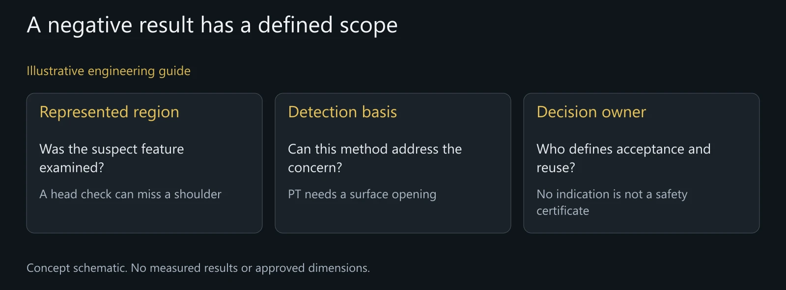 Illustrative evidence boundaries. No crack size, detection probability, remaining-life prediction or inspected component is shown.