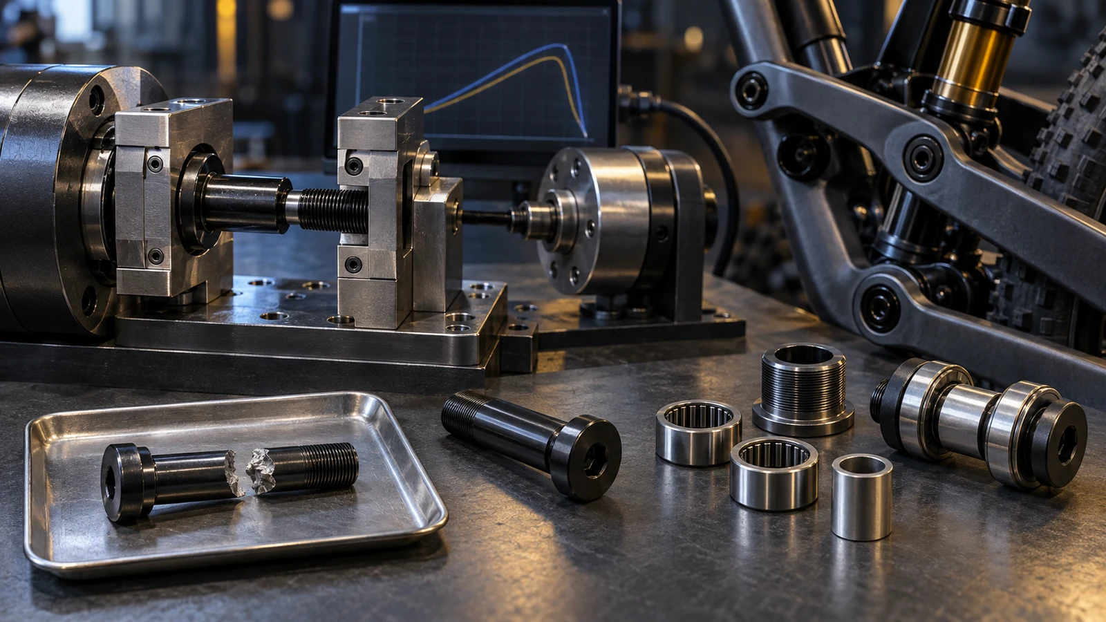 Concept illustration of a pivot bolt torsion fixture, separated test specimen and intact bearing spacer assembly, not an actual factory test