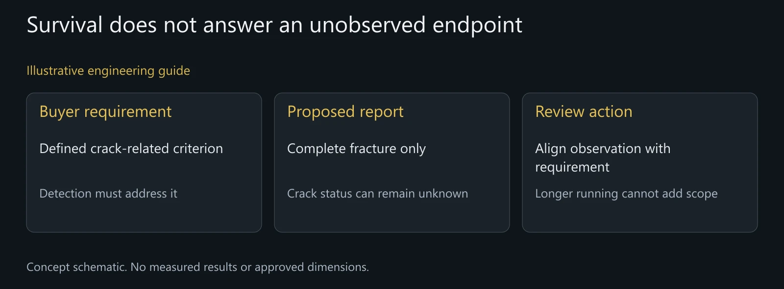 Illustrative acceptance-gap review, not a real fatigue failure or completed runout.