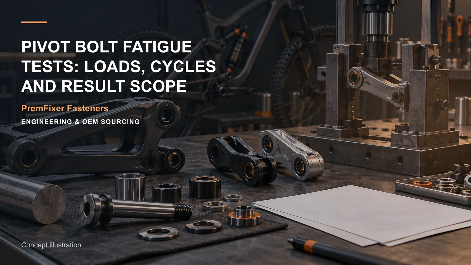 Concept illustration for Pivot Bolt Fatigue Tests: Loads, Cycles and Result Scope.