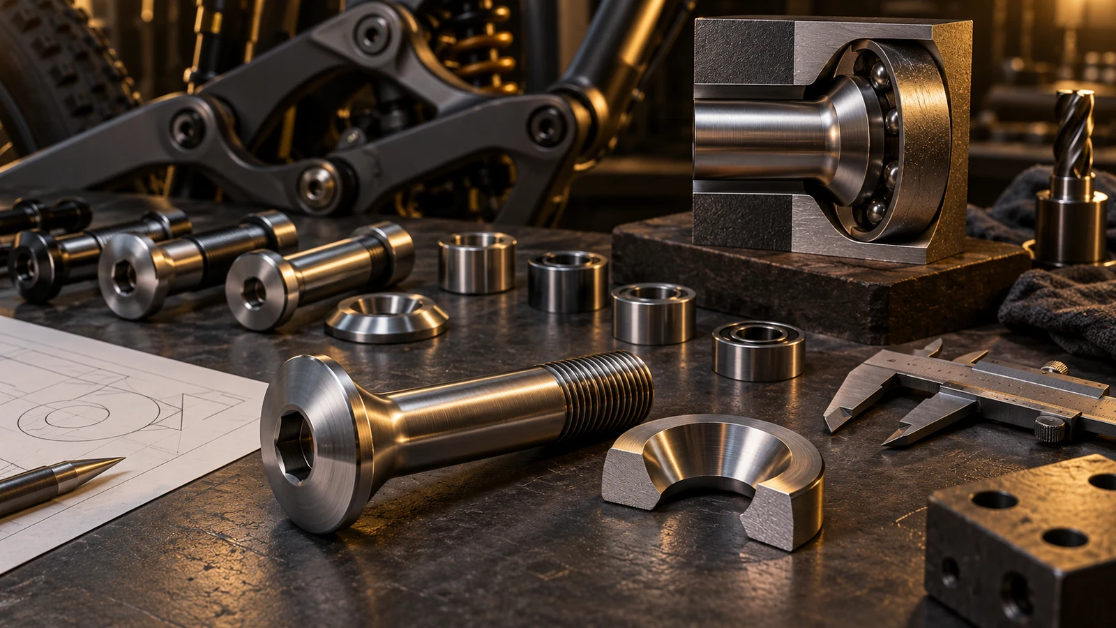 Concept machined pivot axles, relieved washers and separate bearing rings illustrating transition and seating review, not approved geometry