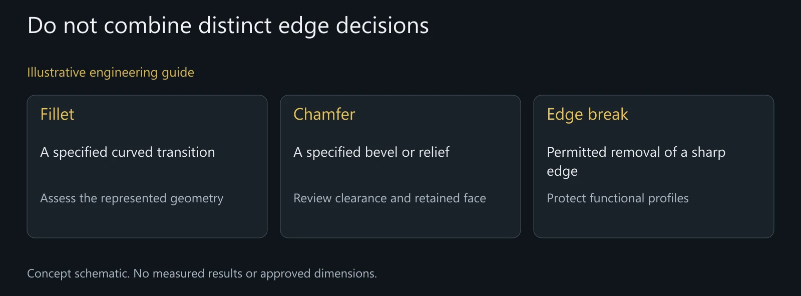 Illustrative geometry distinctions. No universal radius, chamfer size or stress result is shown.