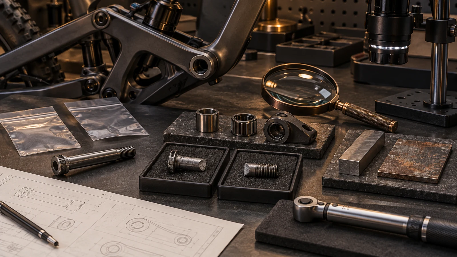 Concept preserved pivot components, separated pieces and investigation tools, not a real failure specimen, laboratory examination or confirmed fracture mechanism