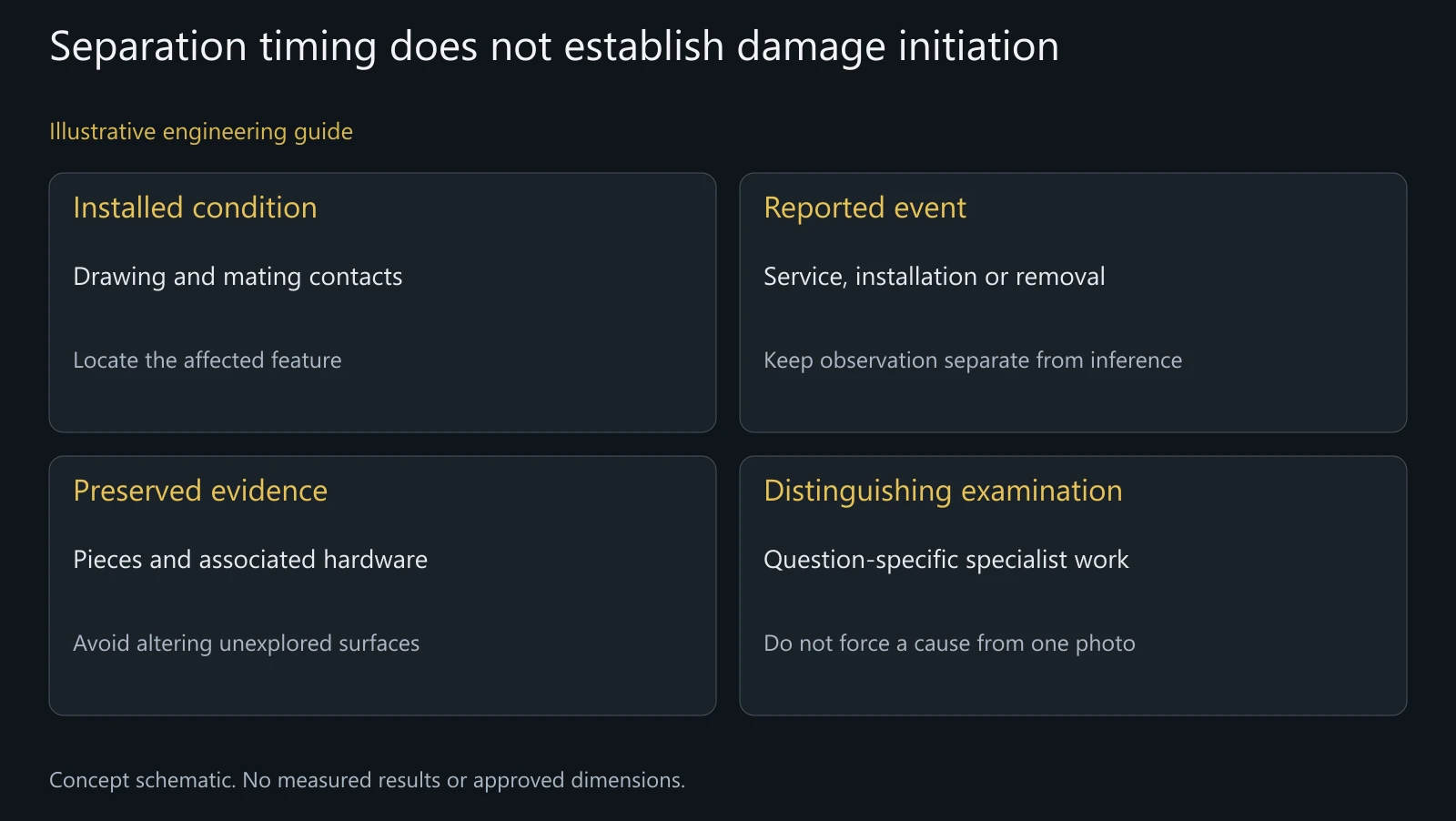 Concept event/evidence map, not an actual fracture sequence, laboratory result or service procedure.