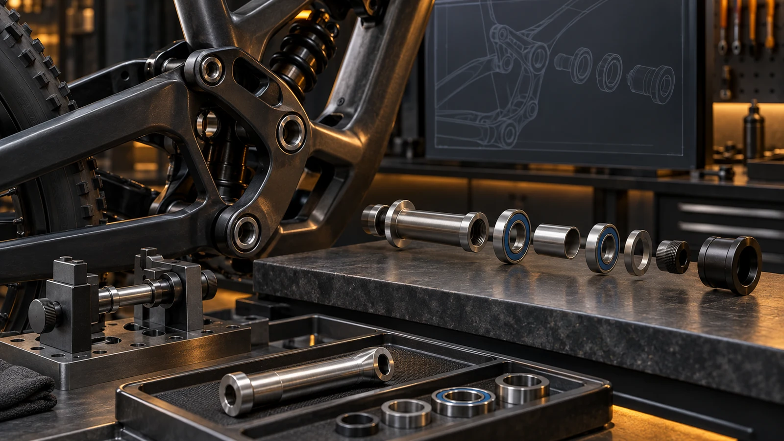 Concept rear suspension linkage beside an exploded hollow axle, cartridge bearings, sleeves and retaining hardware, with a fixture and sample tray; not a released assembly or validated design.