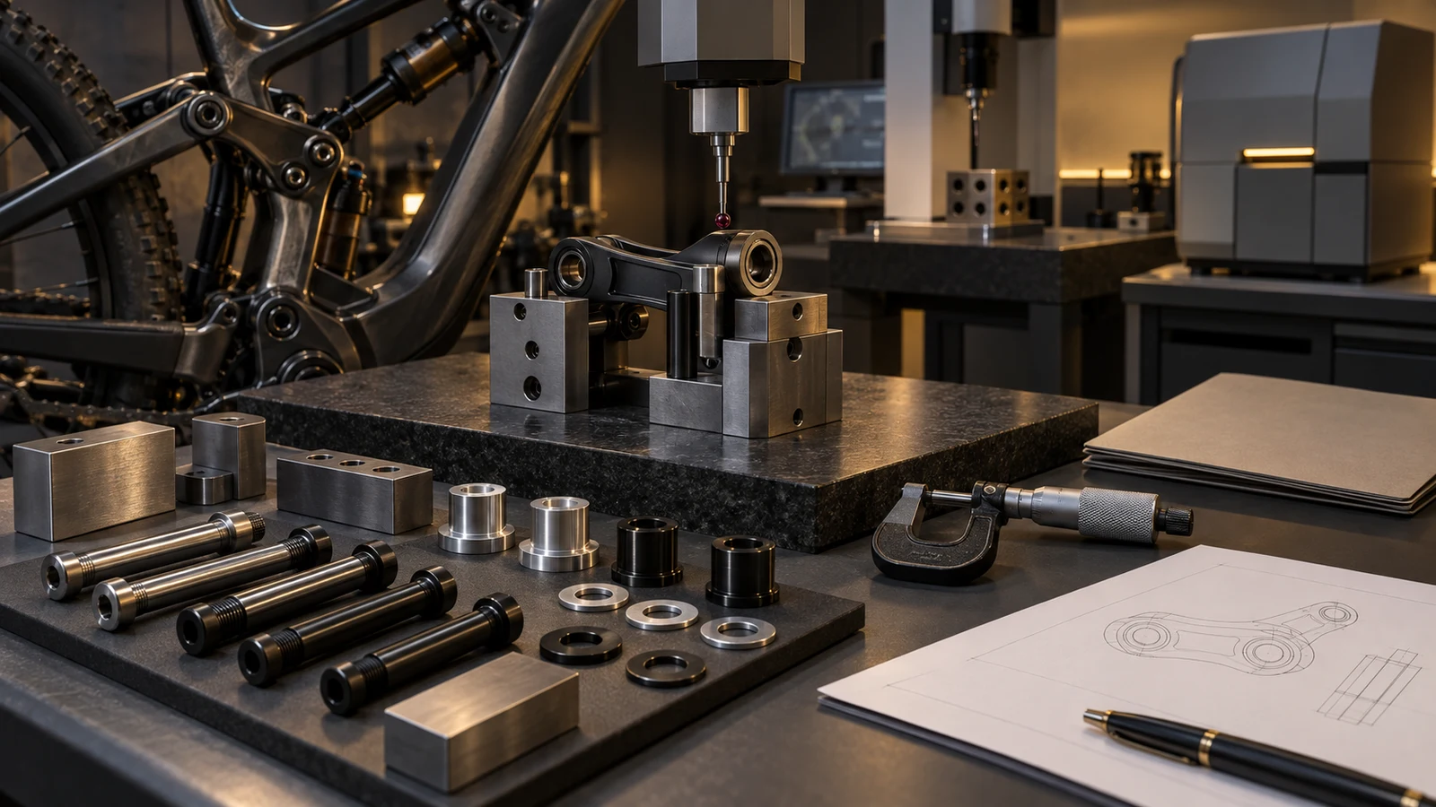 Concept bicycle linkage component held under a dimensional probe, with shoulder pivots, spacers, washers, reference blocks, micrometer and neutral drawing beside it; not actual equipment ownership, calibration evidence or an accepted measurement result.