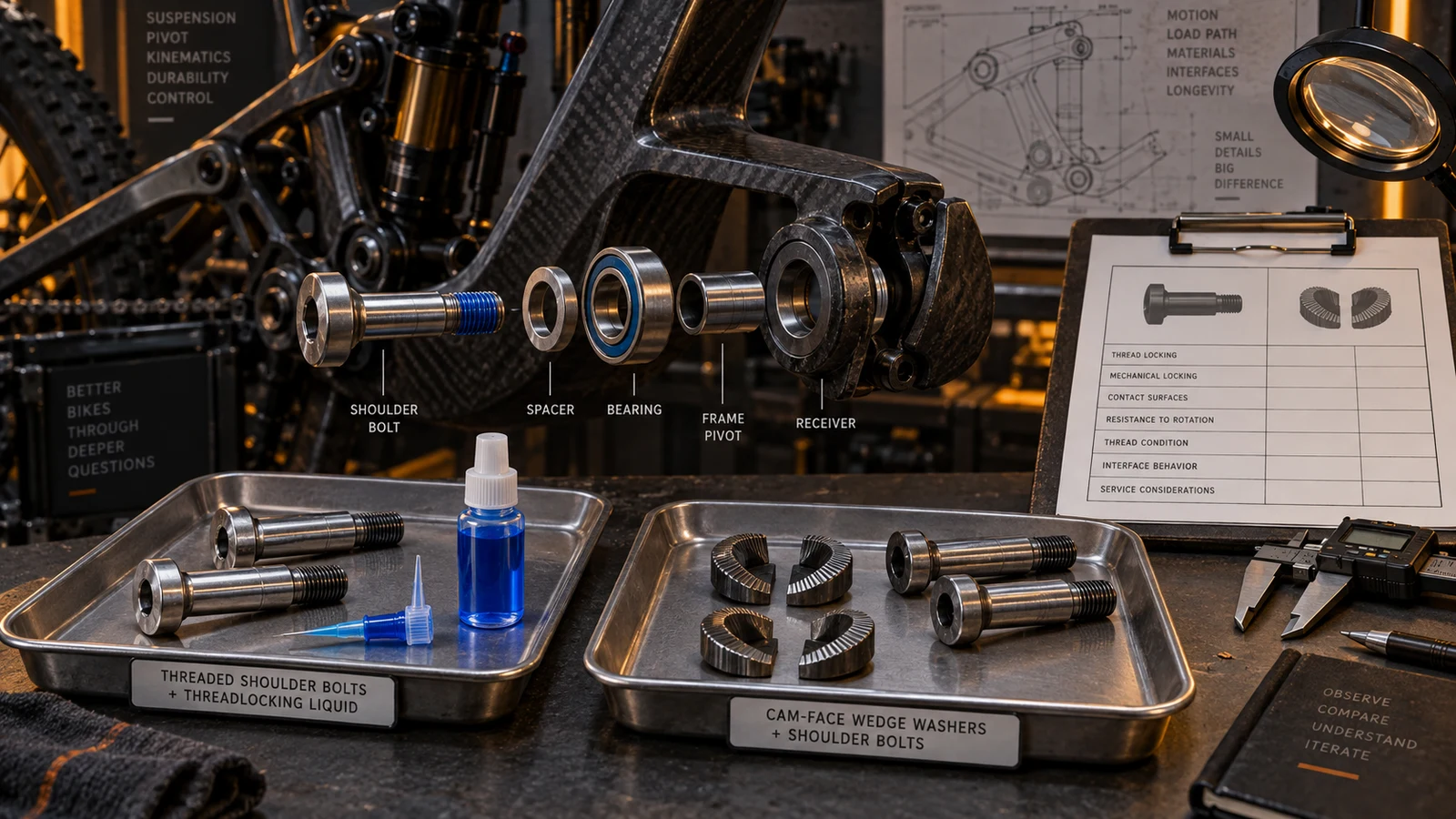 Concept exploded pivot, adhesive bottle and separate washer-form comparison pieces beside an inspection sheet; not actual product geometry or a recommended combined installation.