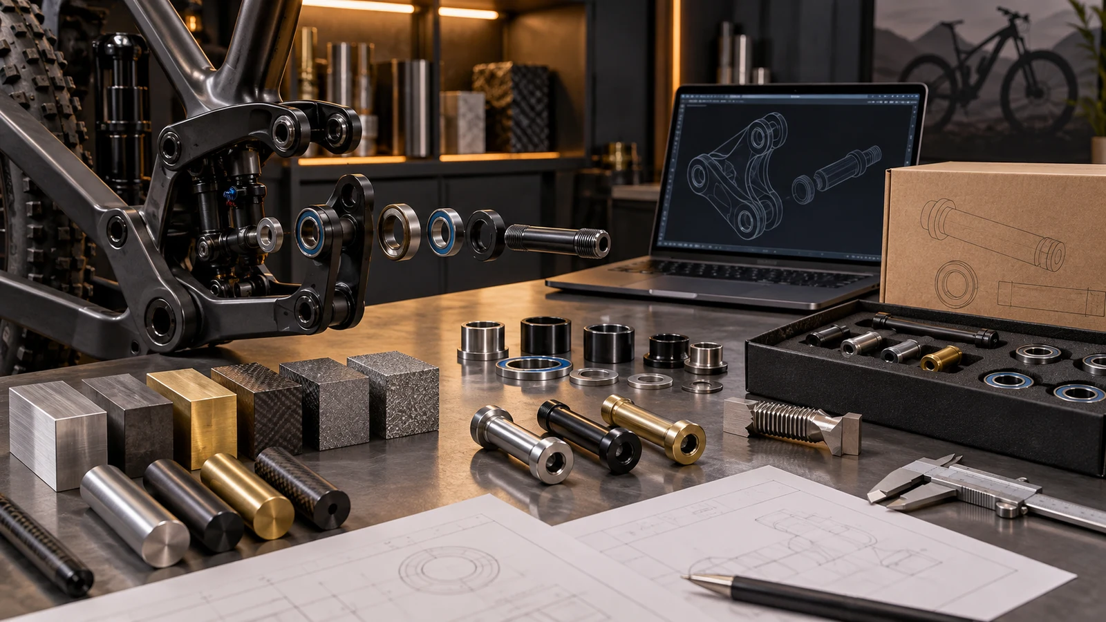 Concept engineering table connecting a bicycle linkage, material specimens, pivot components, drawing context and kit packaging, not a tested manufacturing case.