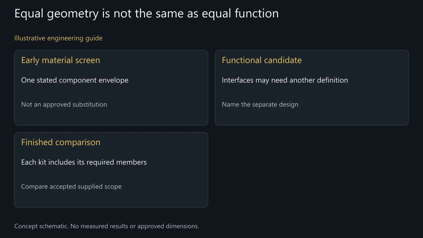Concept comparison experiments without approved material equivalence, measured prices or a tested design.
