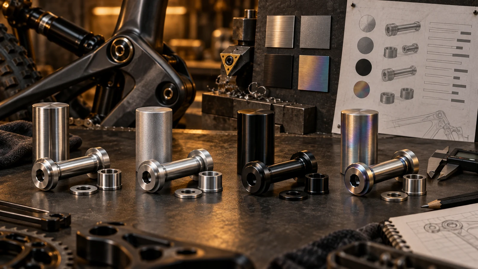 Concept four groups of raw stock and finished pivot hardware with tools and comparison documents; appearance does not prove material identity or fit.