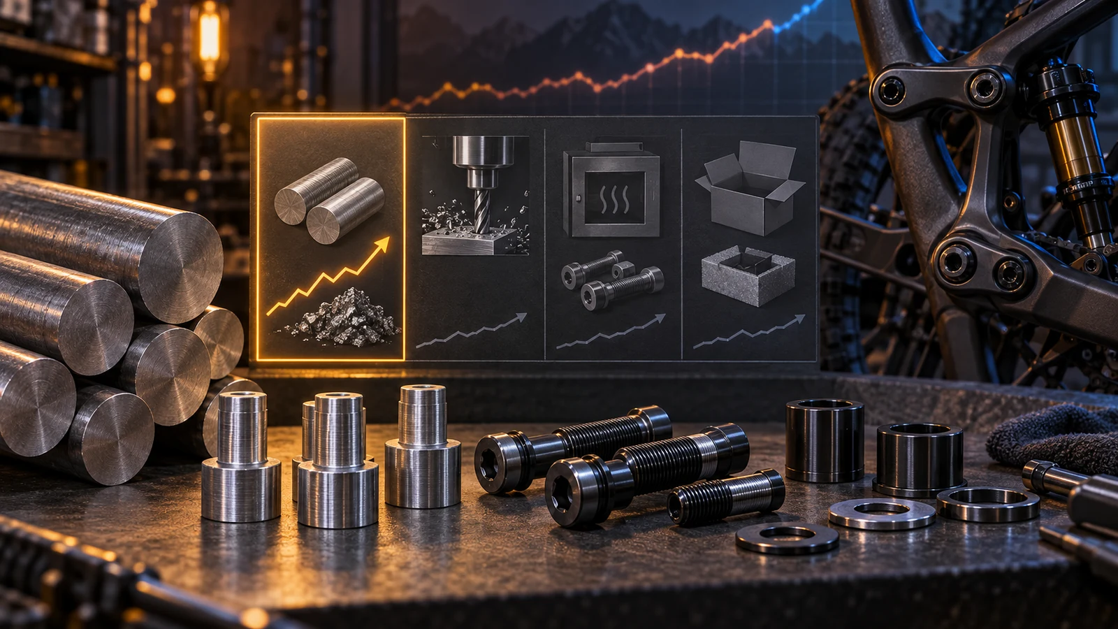 Concept raw bars, pivot bolt forms and finished hardware beside separated cost-category icons and abstract index lines; not an actual quotation, measured commodity data or approved price-adjustment arrangement.