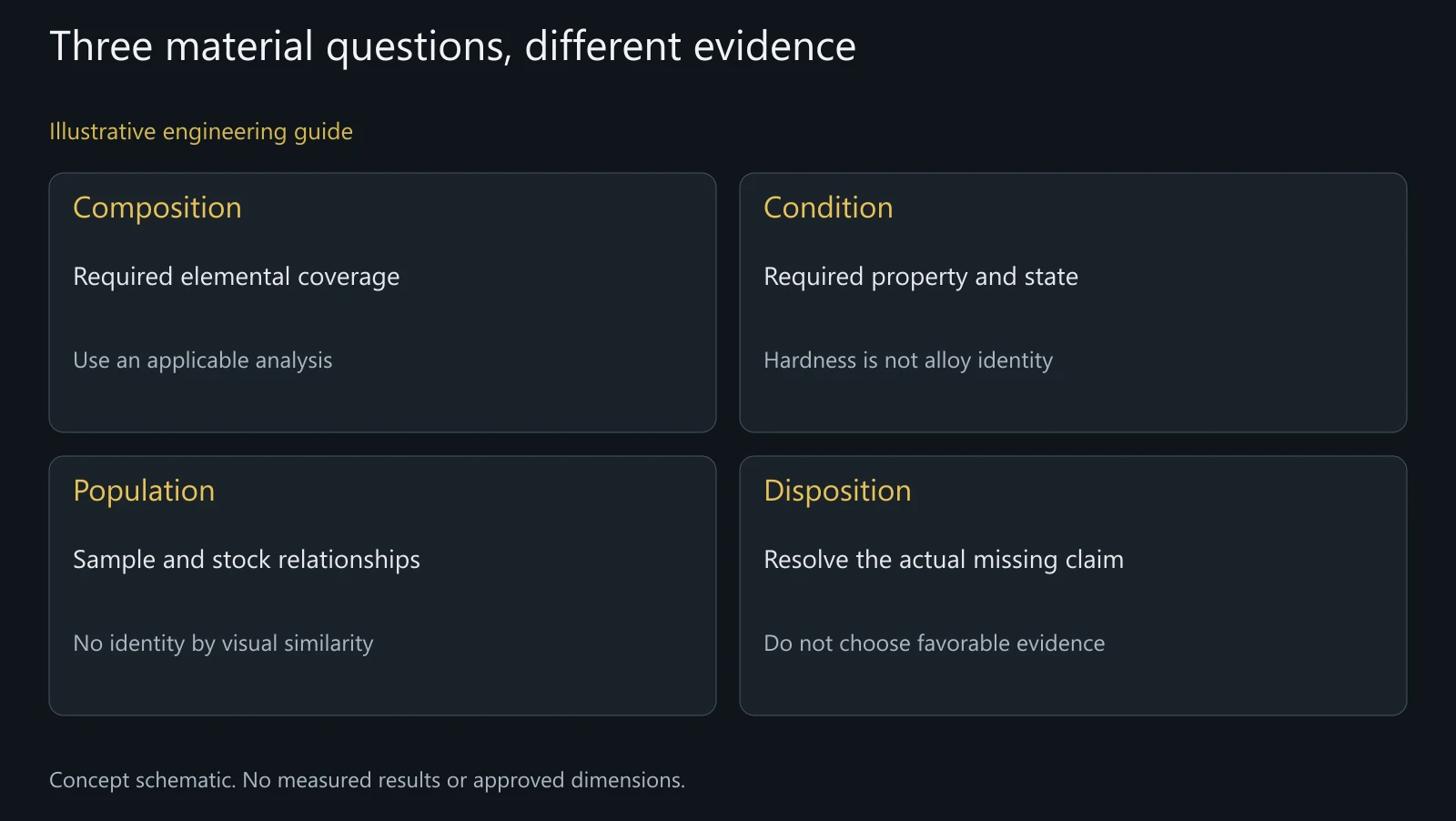 Concept material-verification map; no actual chemistry, hardness or accepted grade is shown.