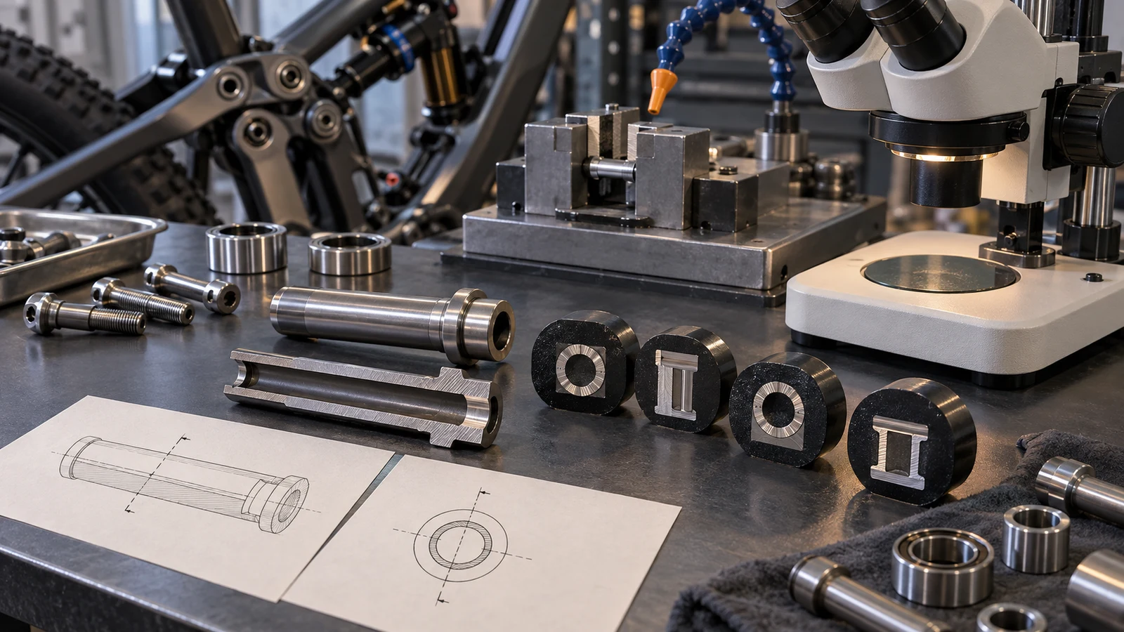 Concept metallography bench showing an intact pivot, sectioned samples and resin mounts near a microscope, without actual micrographs or grain-size results