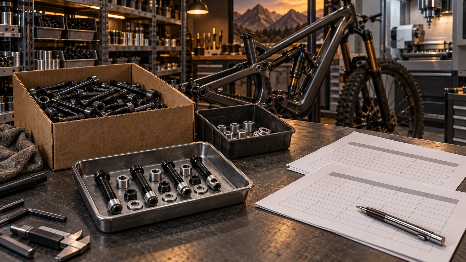 Concept matched pivot kits contrasted with additional axles and a separate spacer tray beside procurement documents; no actual price tiers or inventory shown.