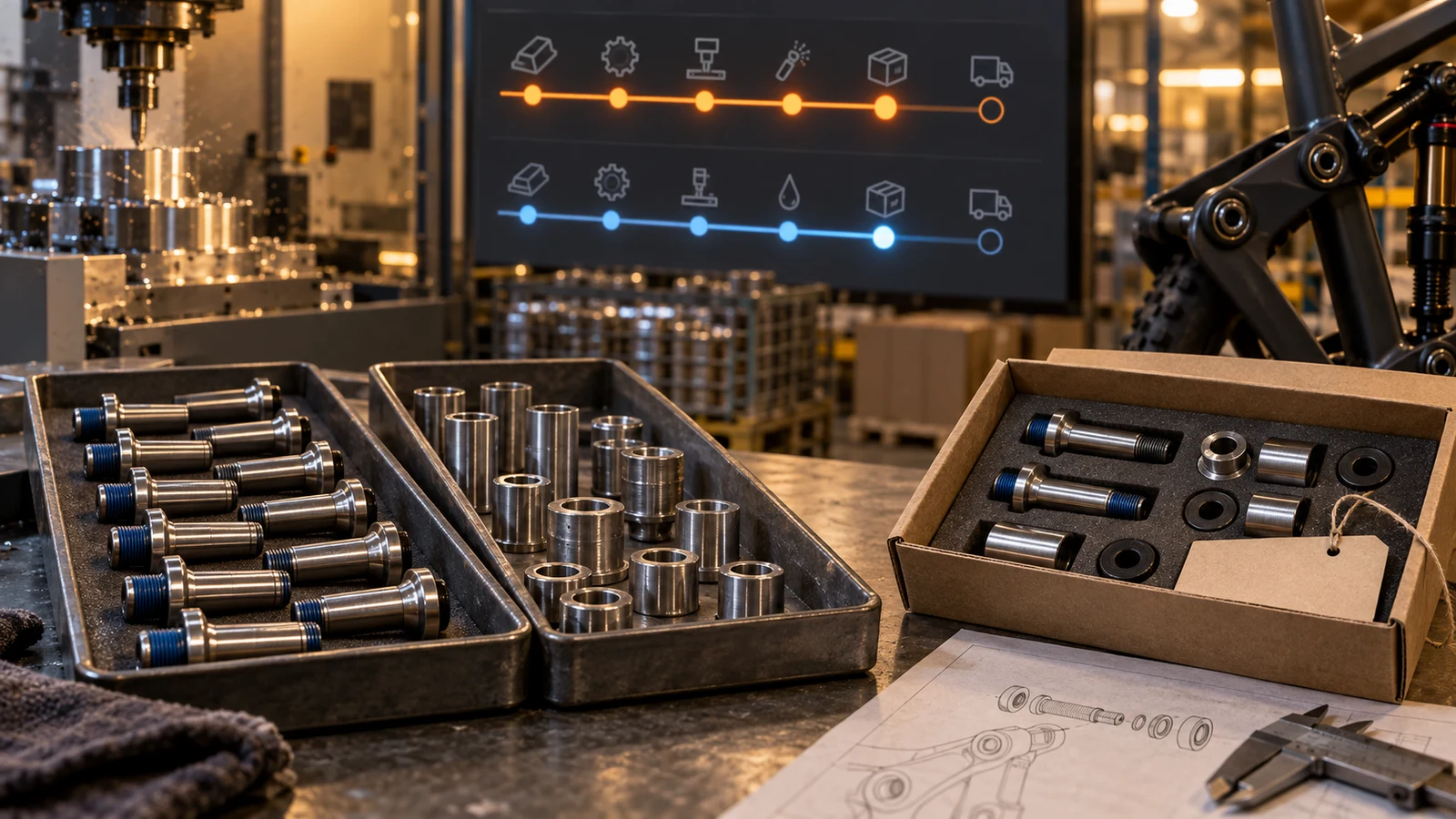 Concept pivot bolt and sleeve trays beside neutral kit packaging and an abstract two-lane milestone display; not actual order status, factory records or a deployed customer portal.