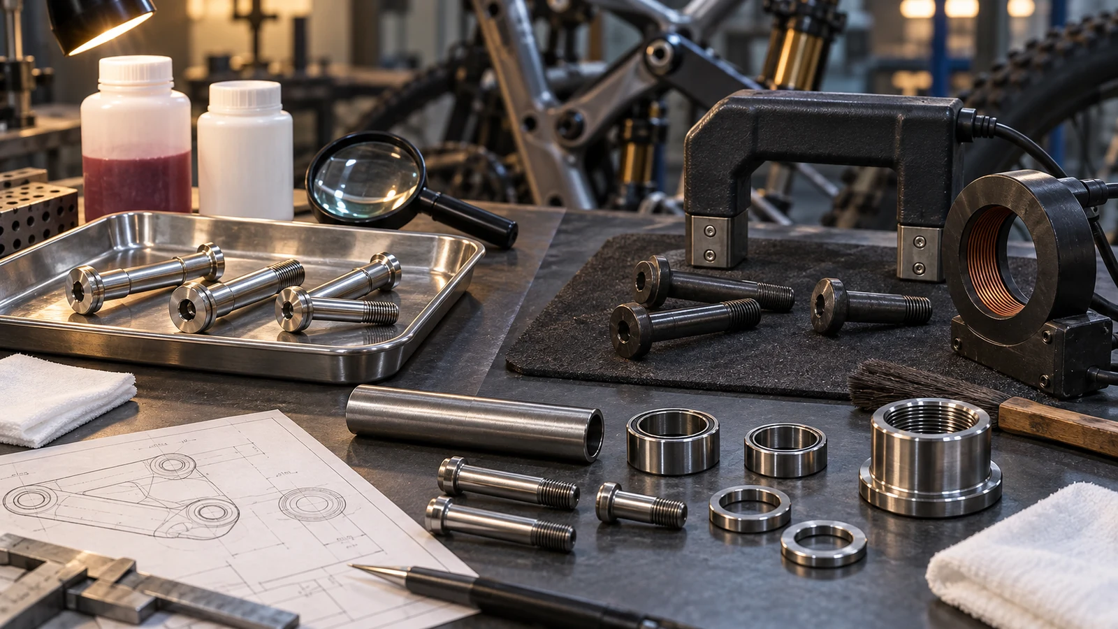 Concept inspection bench with separate penetrant materials and magnetic inspection tools beside pivot bolts, without real crack indications or test results