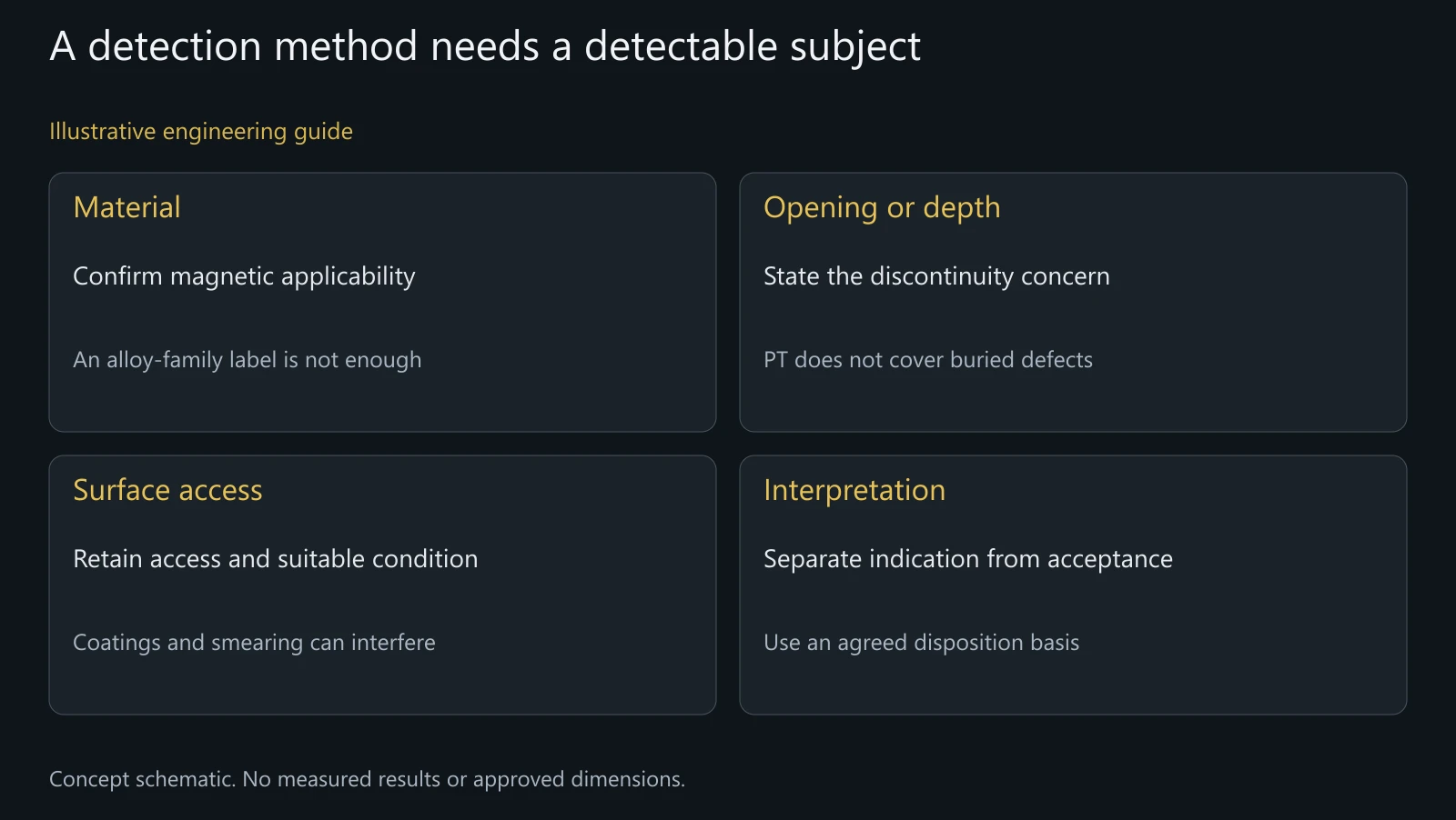 Concept method-selection map for pivot NDT, not a crack image, completed inspection or universal detection threshold.