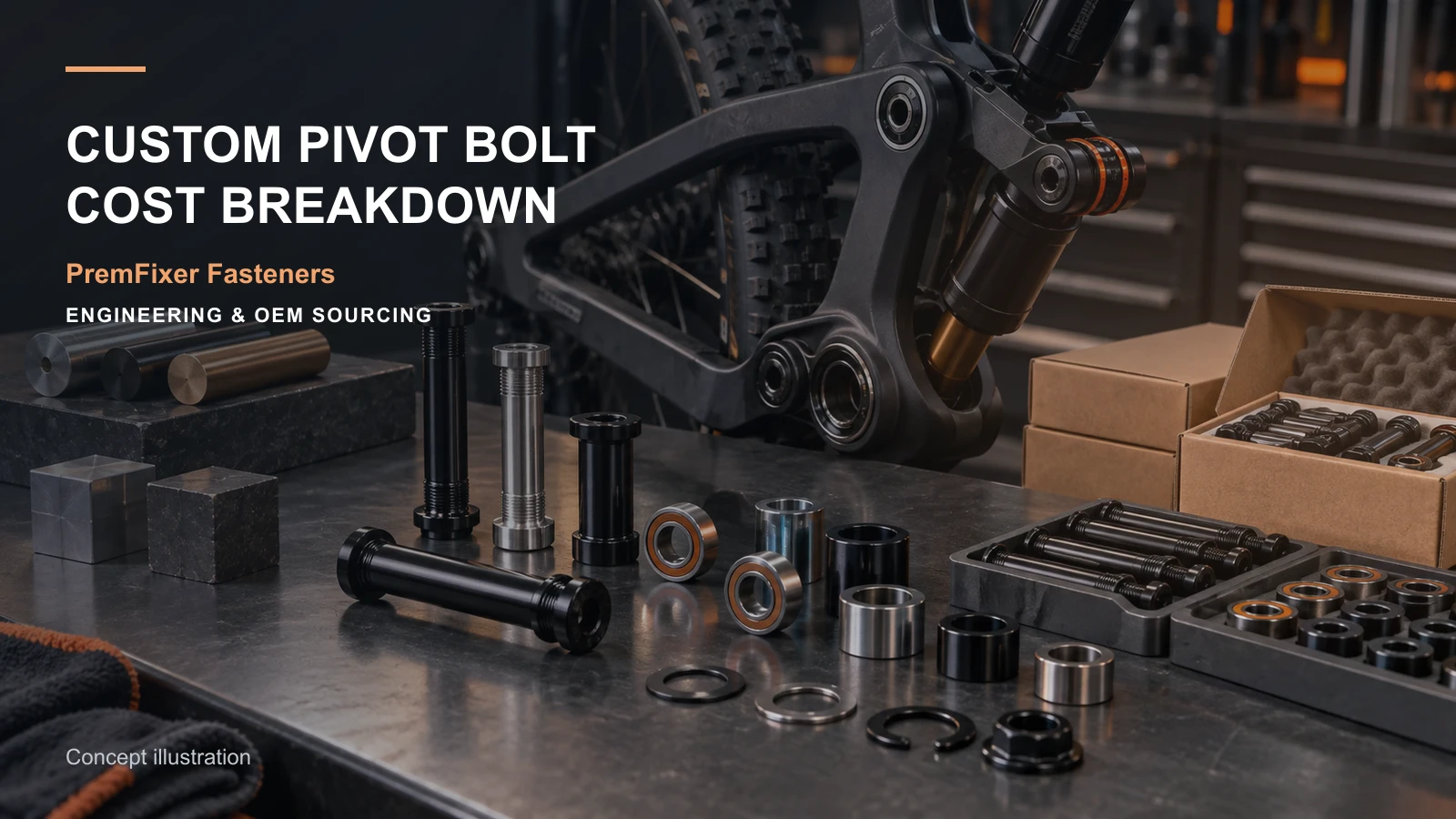 Editorial concept for pivot-bolt quotation breakdown with cards for quote comparison table, comparable quantity-price model, material selection record.