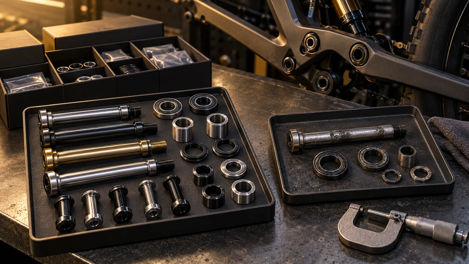Concept suspension pivot hardware in separate removed-part and replacement-kit trays, with an inactive instrument; no tested service life or authorized replacement shown.