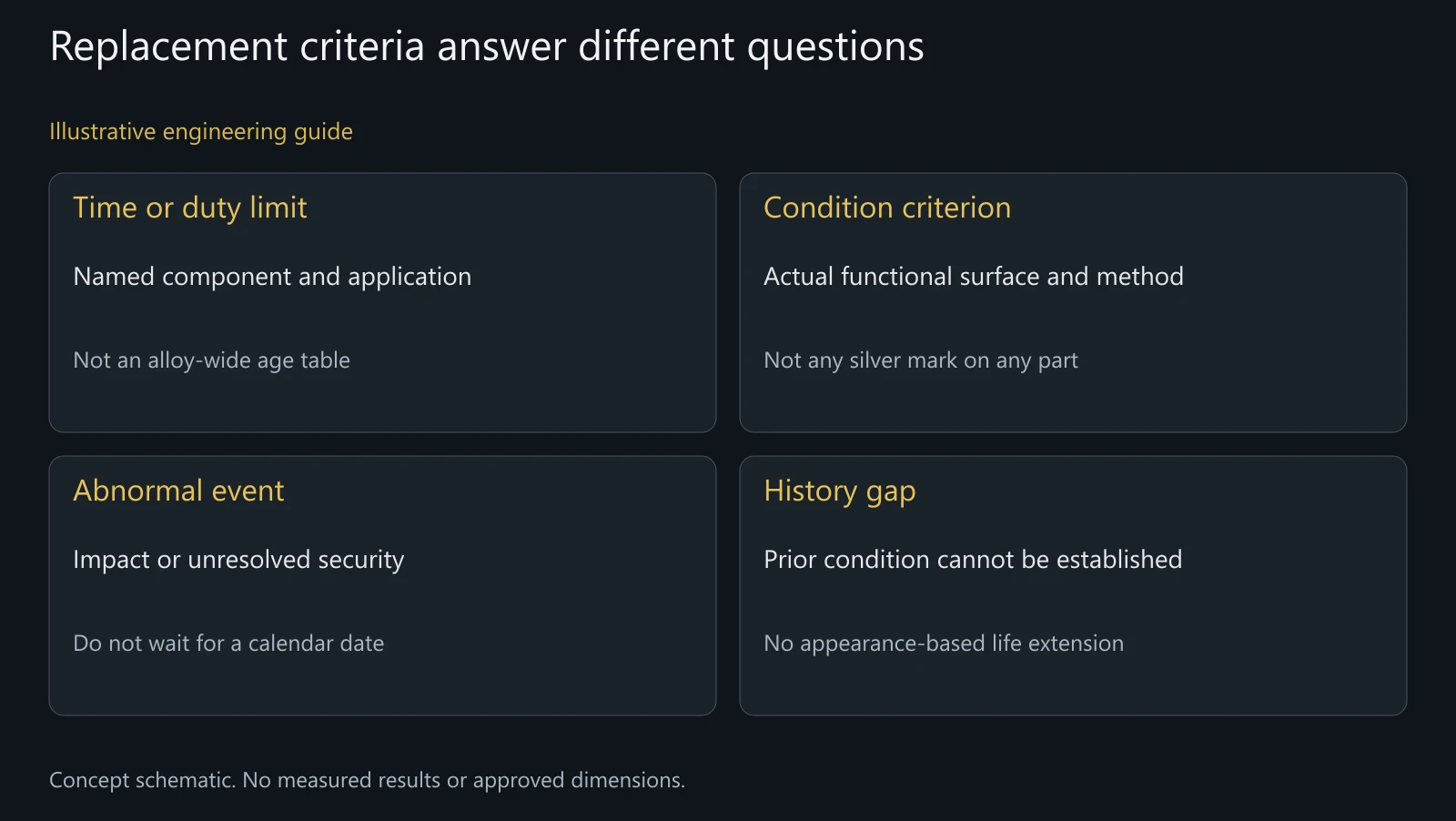 Concept disposition inputs, not a predicted lifespan, inspected component or authorized maintenance interval.