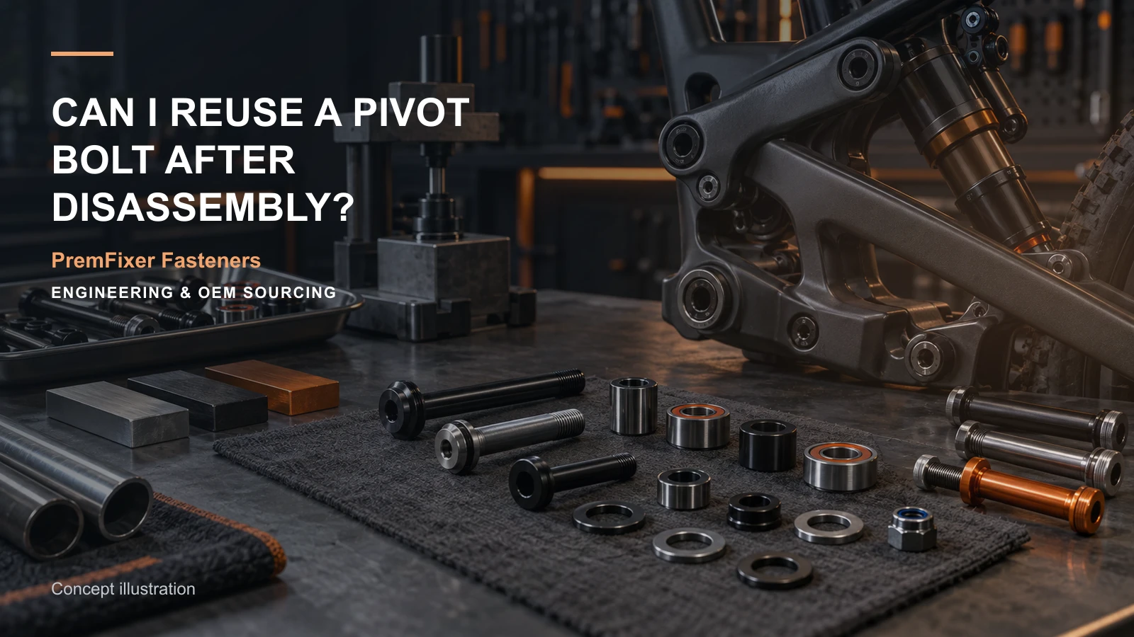 Editorial concept for pivot bolt reuse after removal with cards for service and replacement decision, locking-method specification, thread callout map.