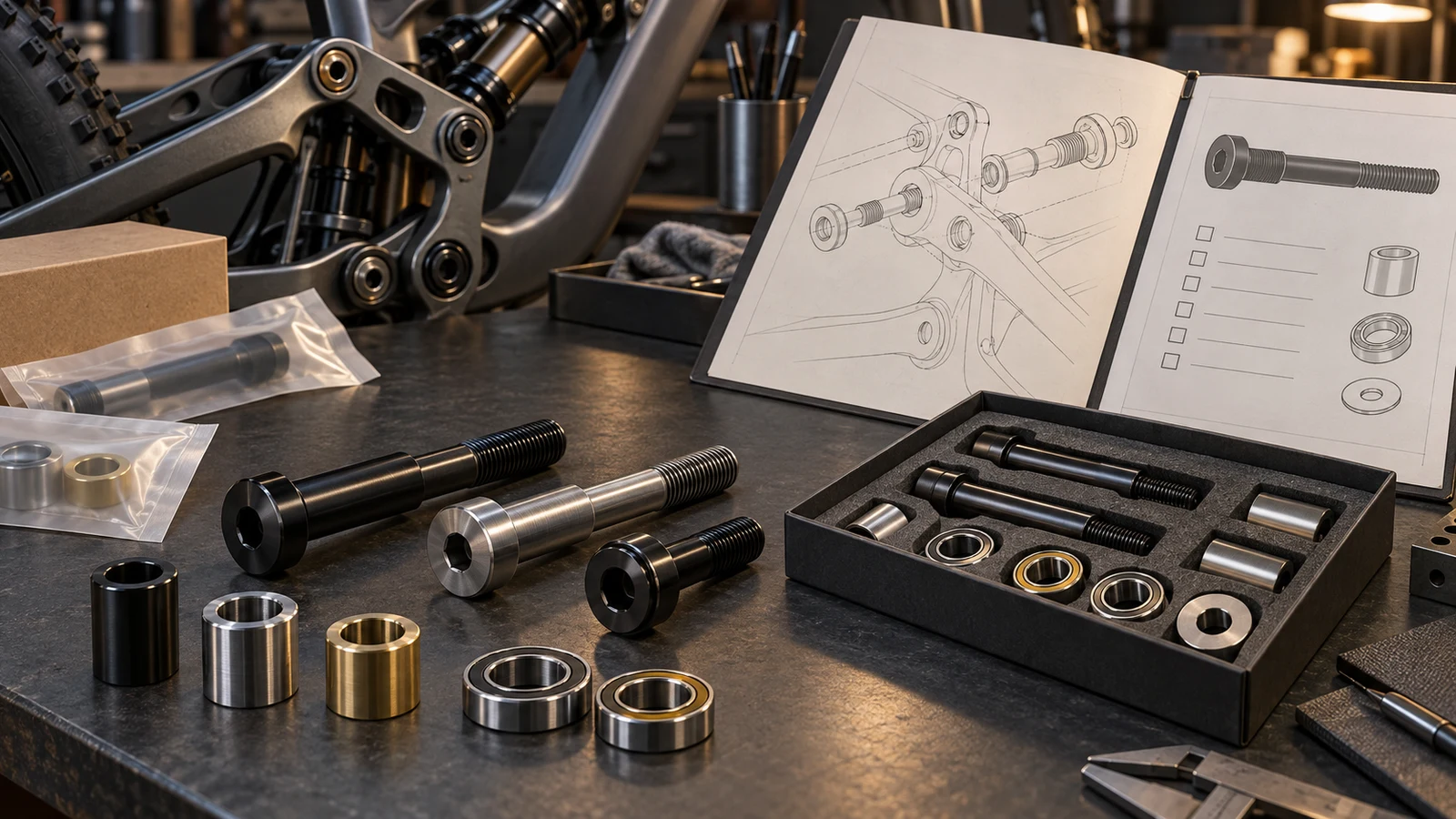 Concept illustration of example bicycle pivot bolts, spacers, bearing rings and a separated kit beside an abstract engineering folder; not a factory photograph or approved drawing.