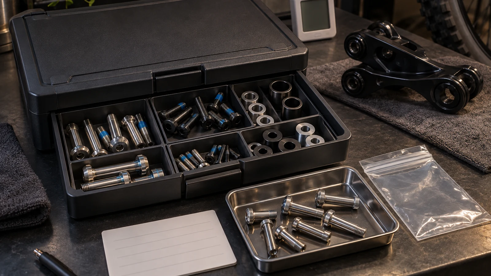 Concept indoor storage review with pivot bolts, spacers, protected kit tray and screws bearing illustrative thread patches; no measured storage history or shelf-life approval shown.