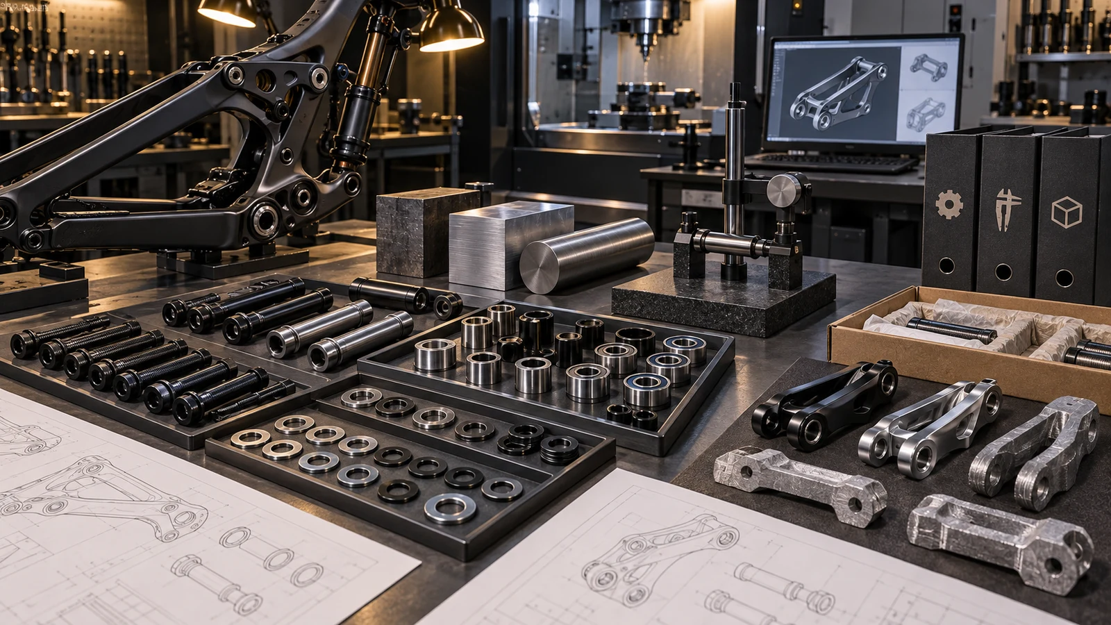 Concept bicycle linkage, pivot bolt and sleeve trays, material blanks, inspection fixture, drawings, review folders and example packaging; not a completed supplier audit, actual measurement or qualification result.