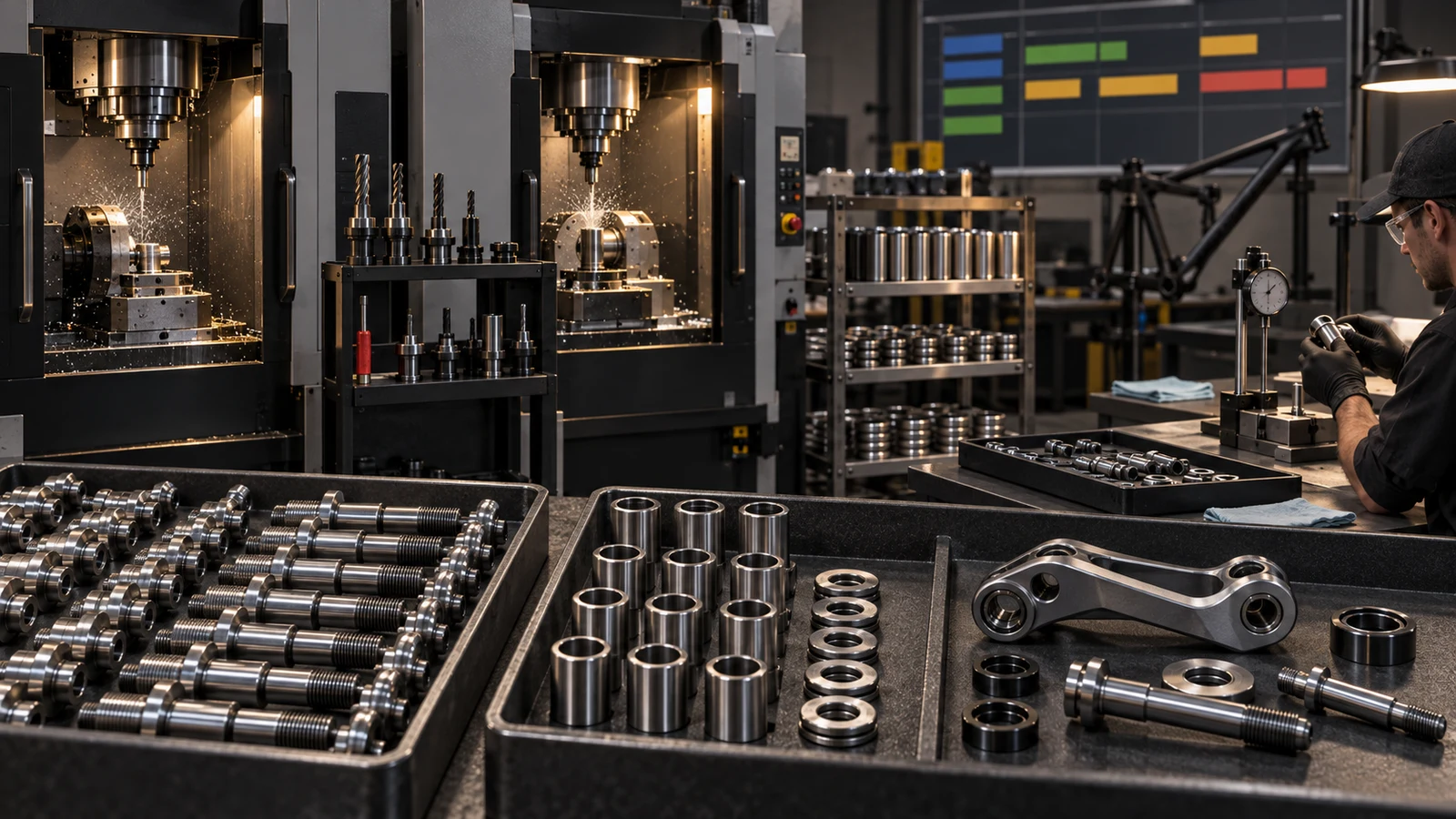 Concept pivot hardware trays beside machining fixtures, shared tools, component racks and an operator at an inspection bench with an abstract schedule; not a verified factory, actual reserved capacity or measured production rate.