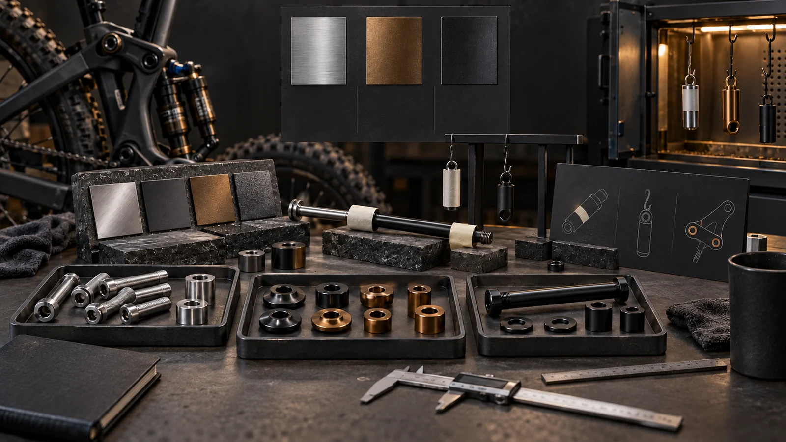 Concept stainless, anodized and coated hardware groups with surface references, masking pieces and measuring tools; not actual finishing quotations or process equipment.