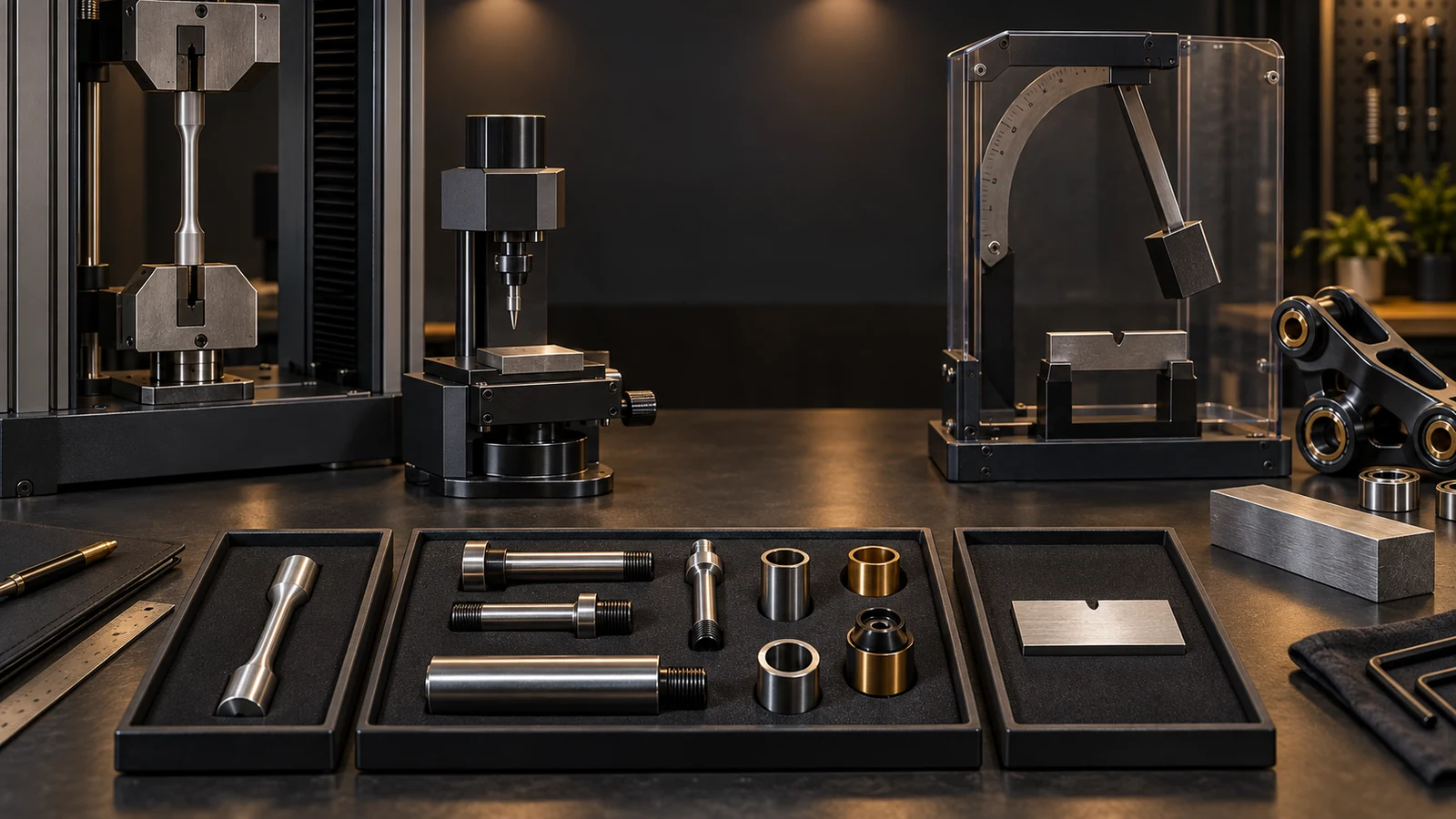 Concept illustration of pivot hardware, separate tensile and hardness specimens, an impact fixture and generic test equipment without measured results