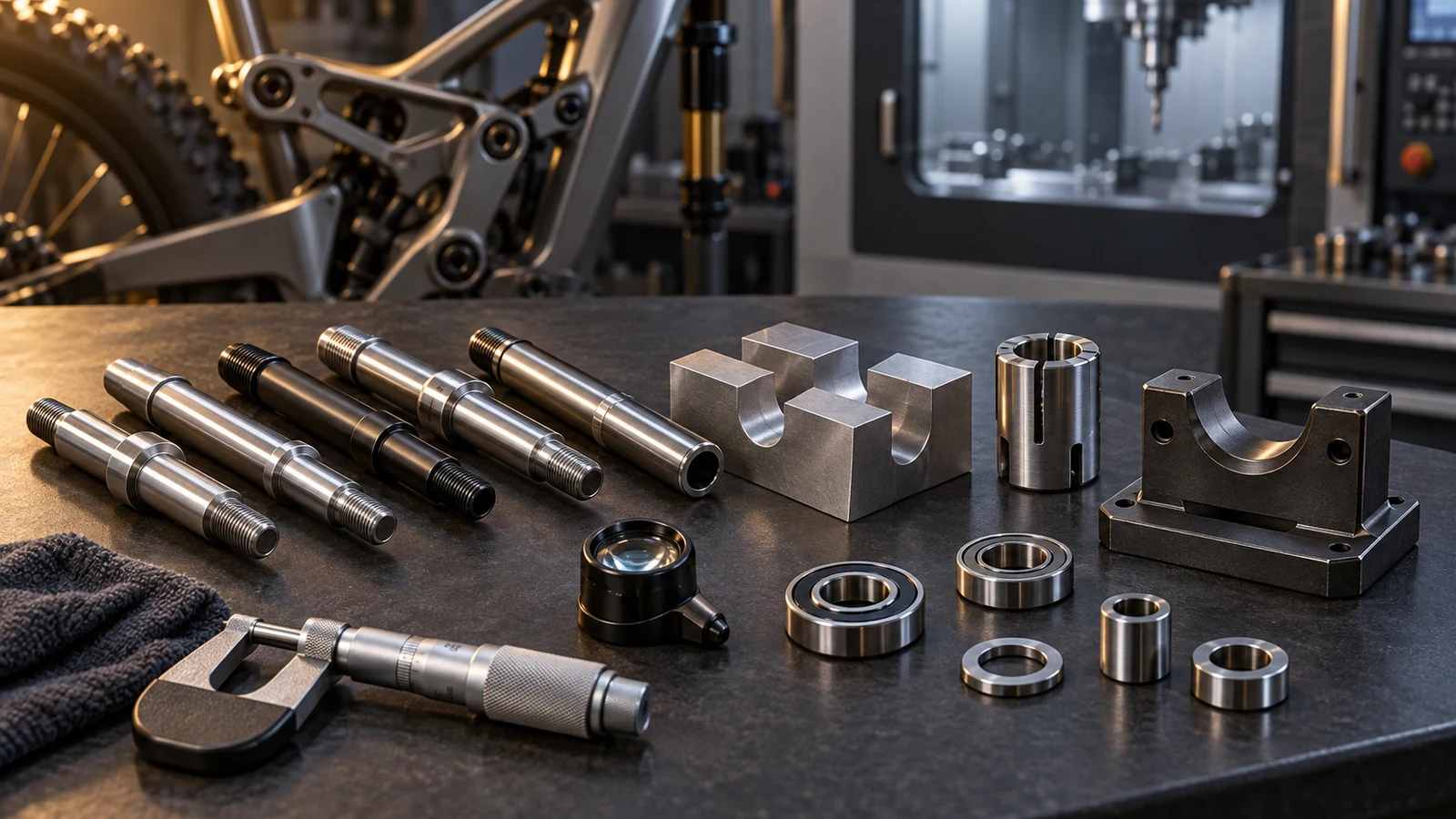 Concept pivot references beside separate soft-jaw blocks, split collet and supporting nest with inspection tools, not an approved clamping setup
