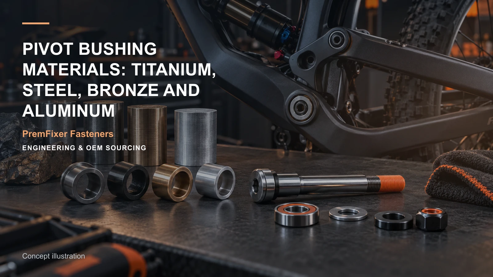 Concept illustration for Pivot Bushing Materials: Titanium, Steel, Bronze and Aluminum.