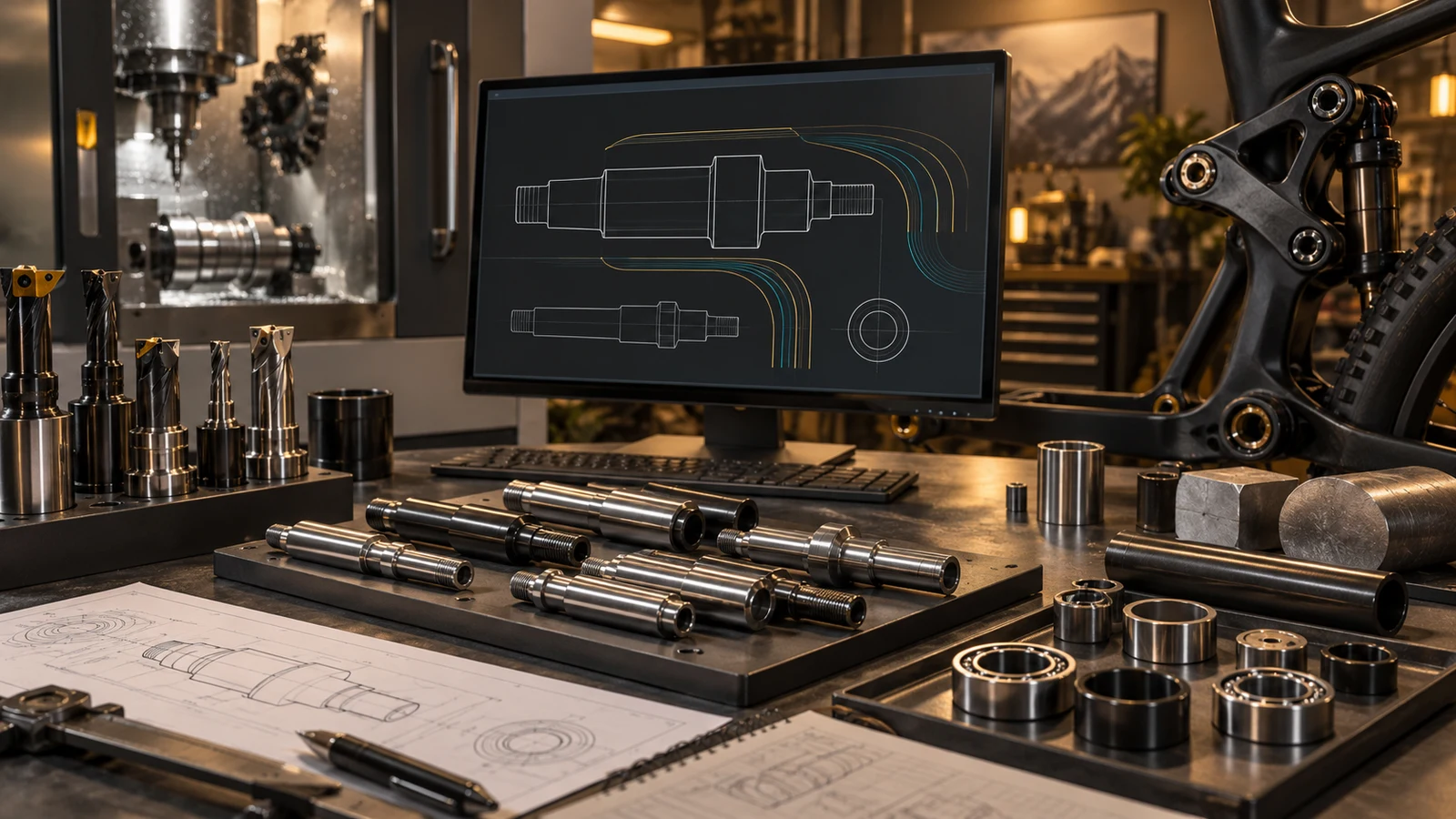 Concept CNC planning bench with pivot references, tools and abstract shaft-path display, not an actual executable or verified program