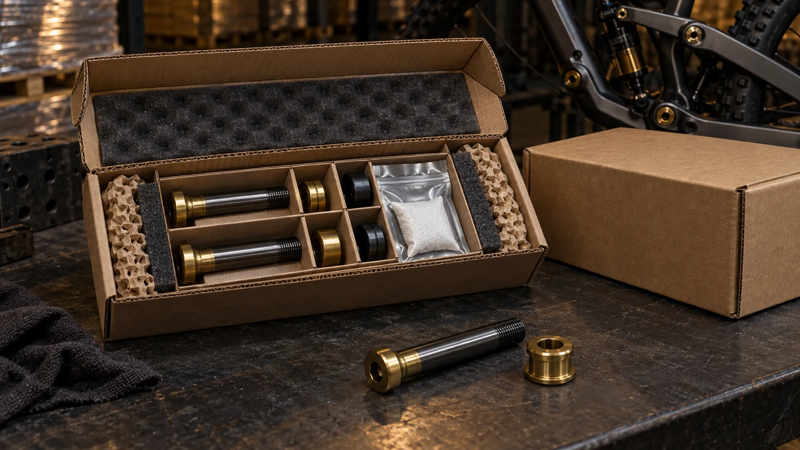 Concept cutaway carton with separated pivot bolts, spacers, barrier packaging and cushioning layers