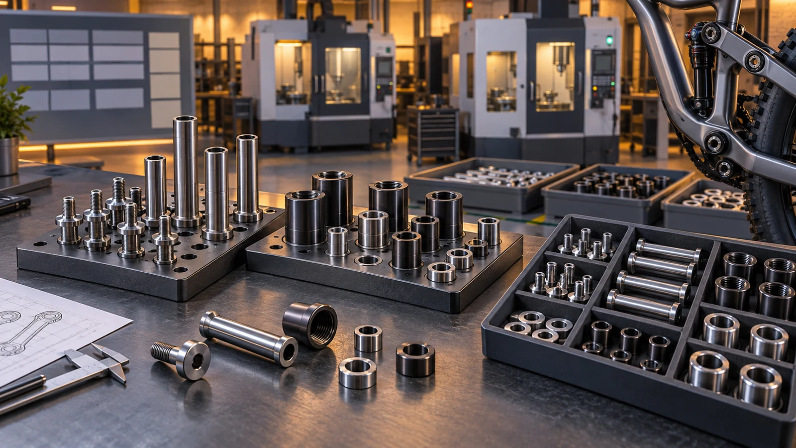 Concept pivot axles, receivers and spacers on distinct fixture plates with generic closed CNC enclosures and transfer trays; not PremFixer facility photography or verified equipment counts