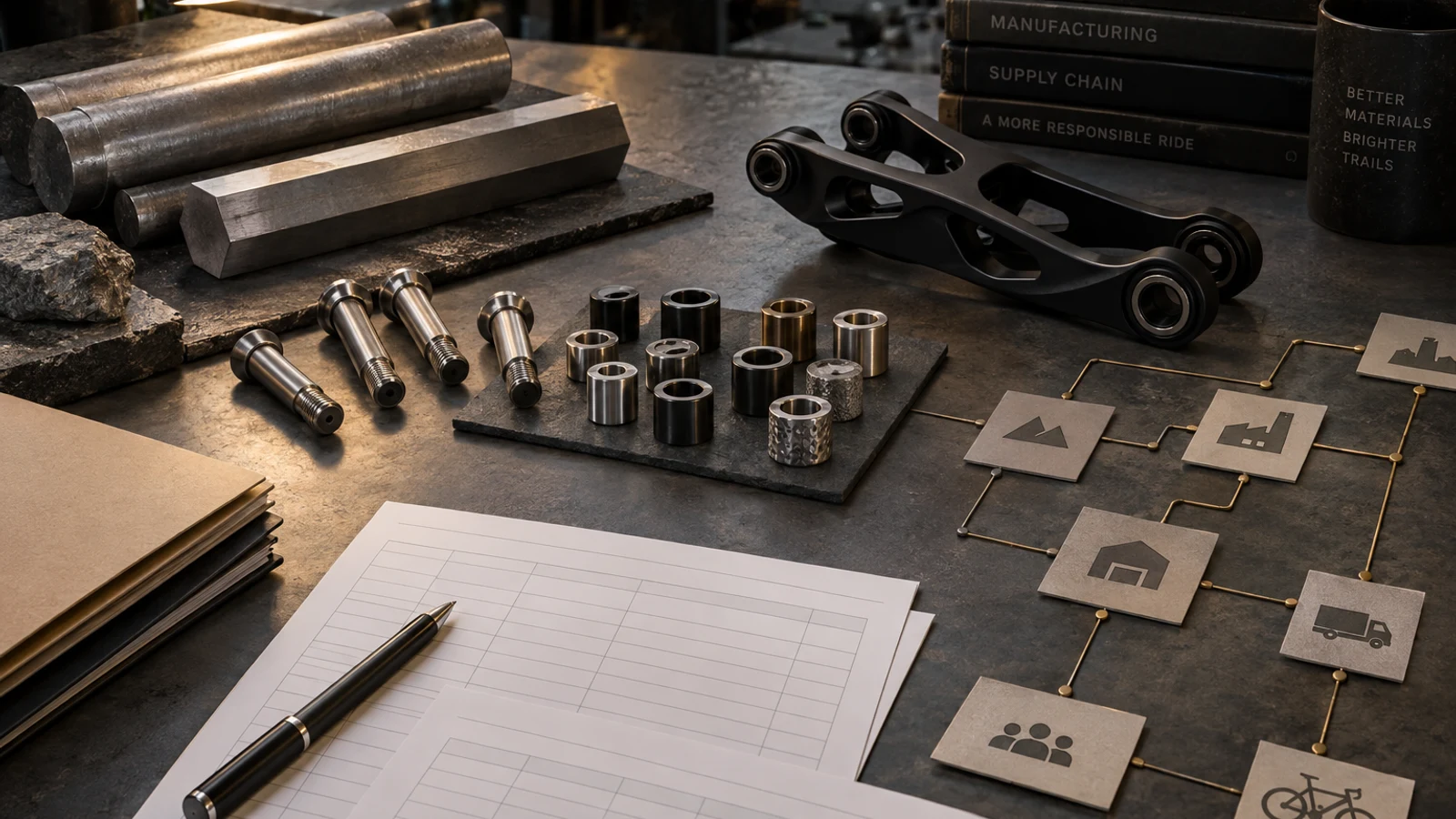 Concept responsible-minerals information review with raw stock, finished pivot hardware, generic reference props and unlabelled supply-chain cards; no real mine origin, smelter records or sourcing certification shown.