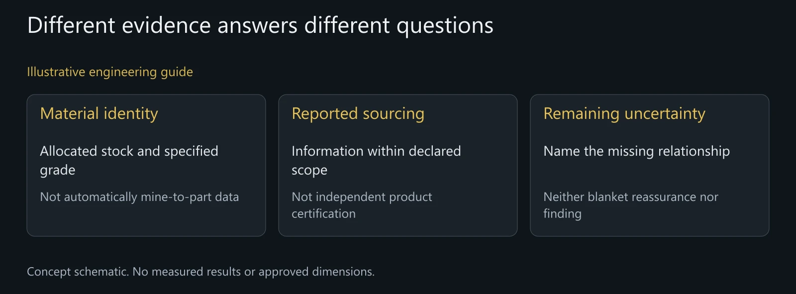 Illustrative distinction between material identity, reporting information and uncertainty; no product's sourcing status is determined.