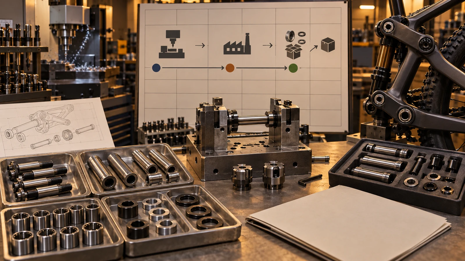 Concept trays of pivot bolts, hollow axles and sleeves beside a fixture, tooling and linkage beneath an unnumbered planning grid; not an actual audit calendar or site assessment.