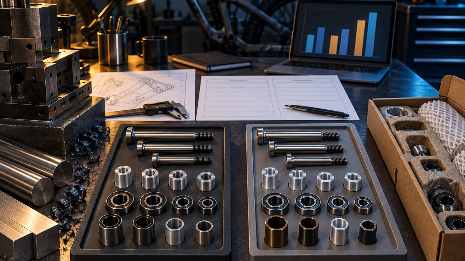 Concept illustration of pivot components, raw stock, machining and packing inputs for a supplier price-change discussion.